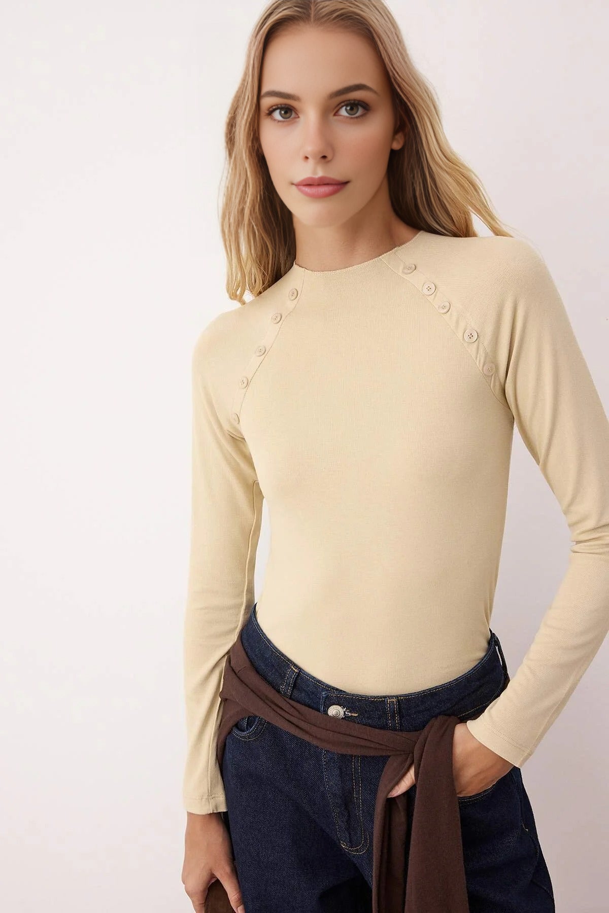 Stand Collar Knit Blouse with Button Detail