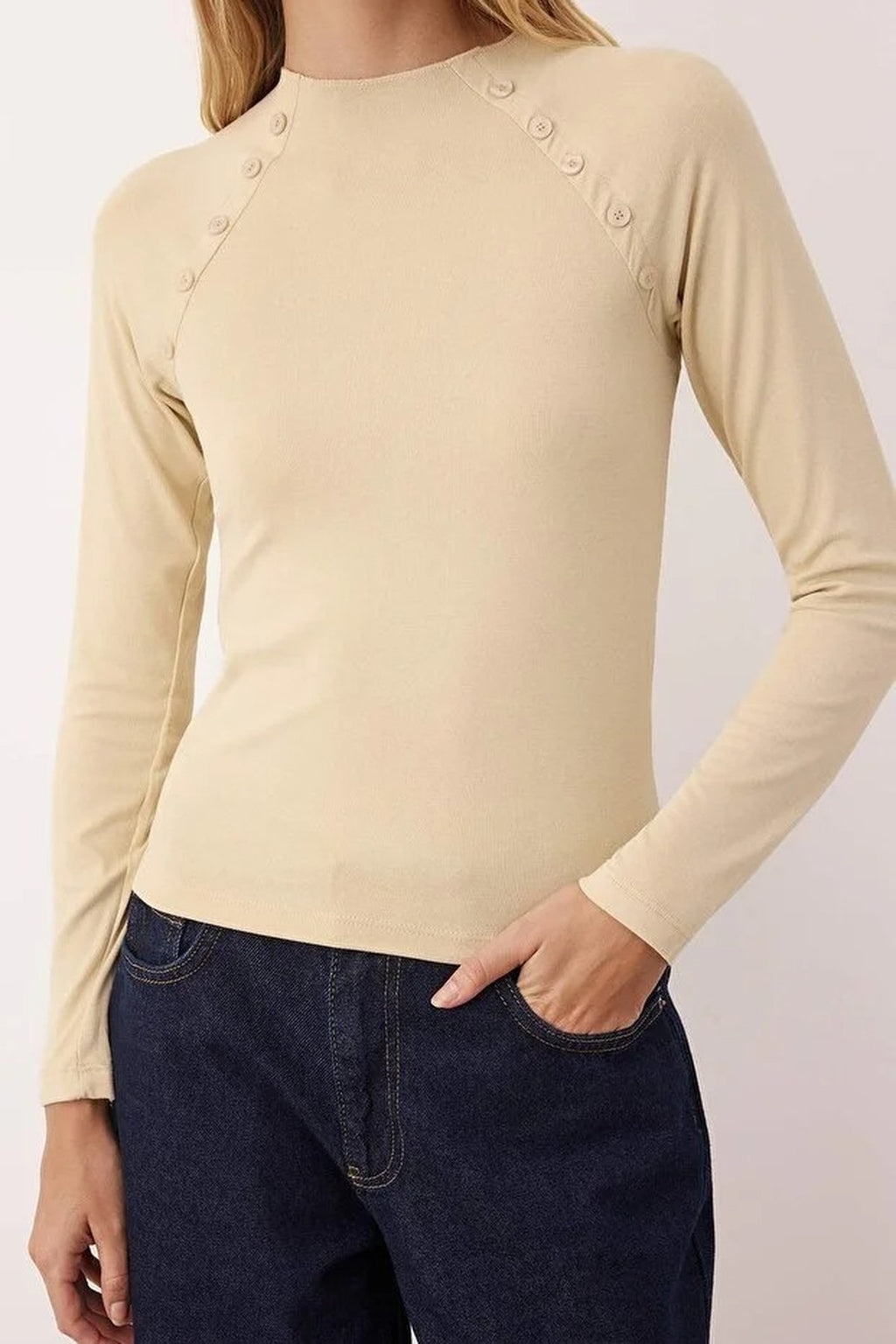 Stand Collar Knit Blouse with Button Detail