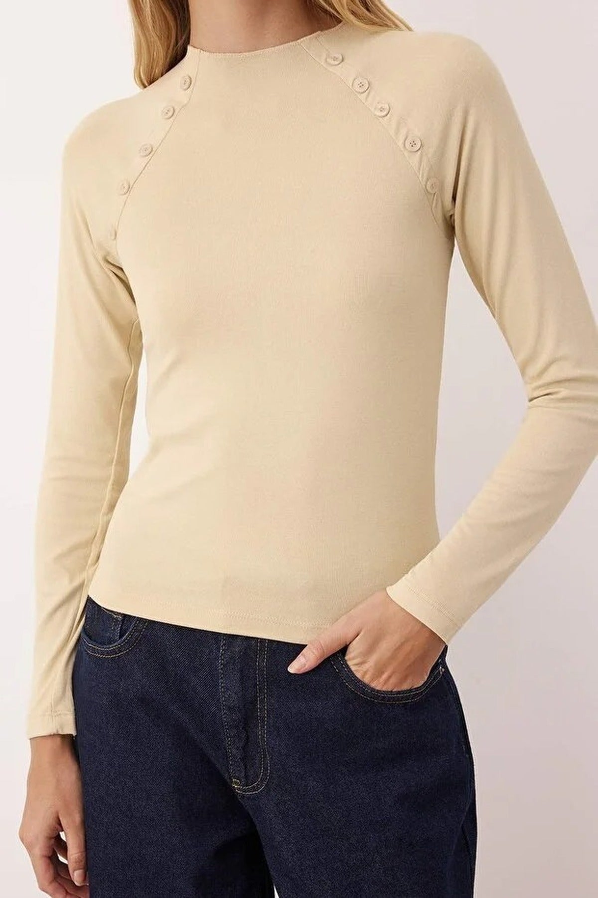 Stand Collar Knit Blouse with Button Detail