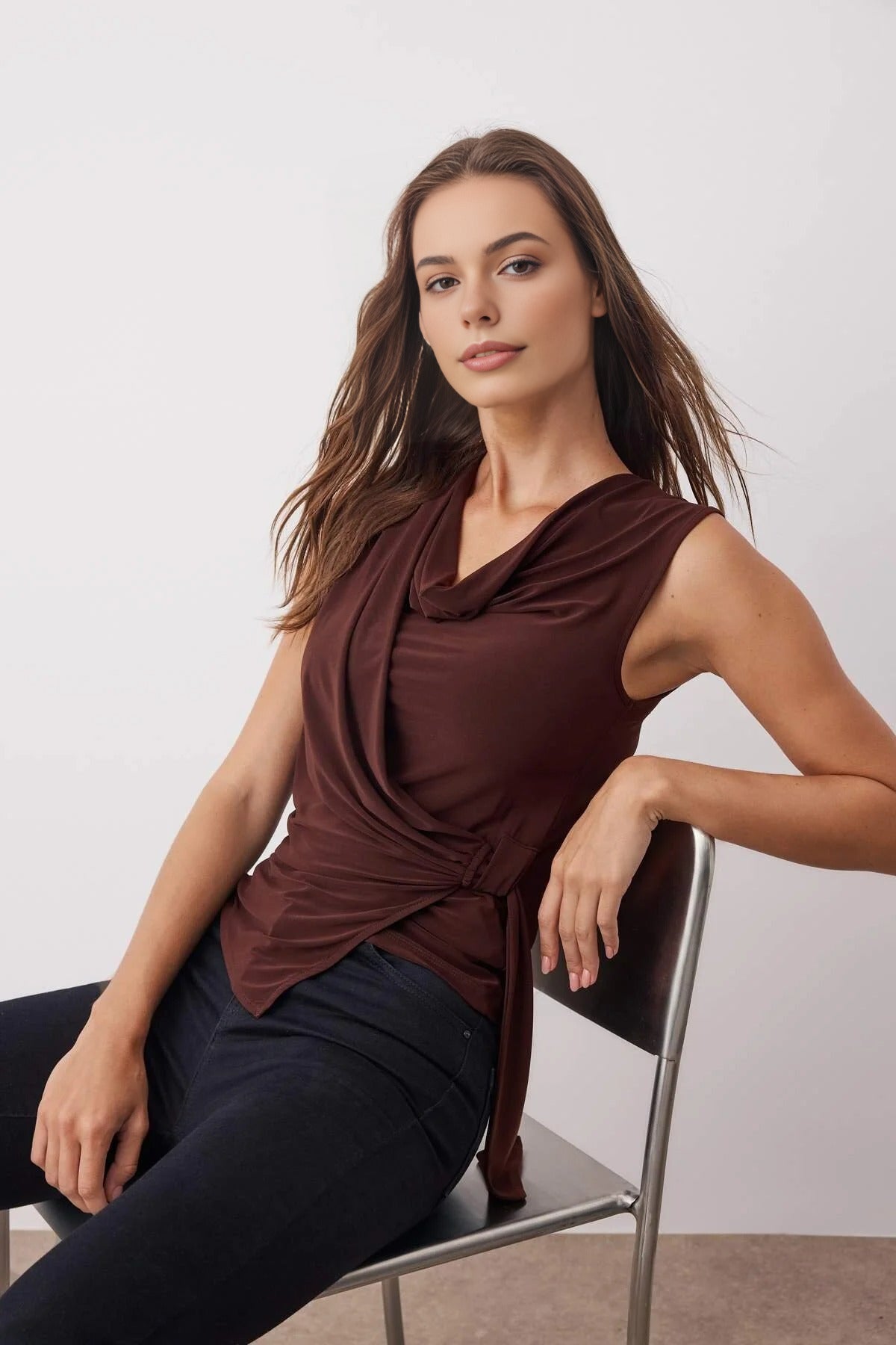 Cowl Neck Knit Blouse with Drape Detail