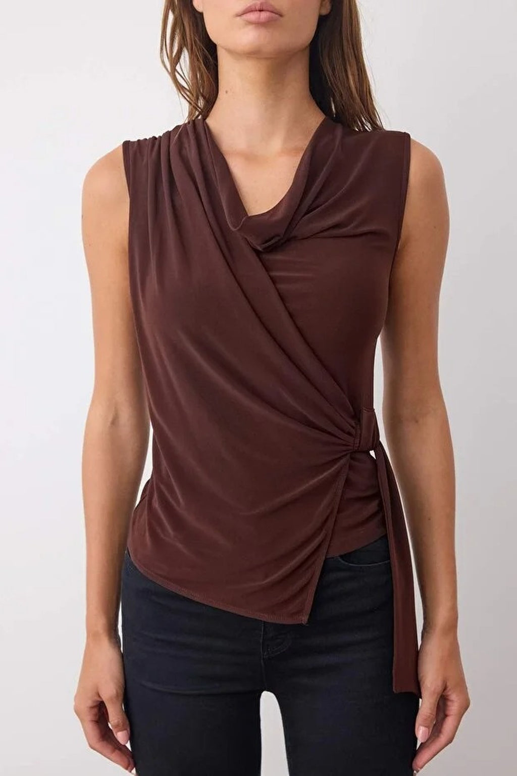 Cowl Neck Knit Blouse with Drape Detail