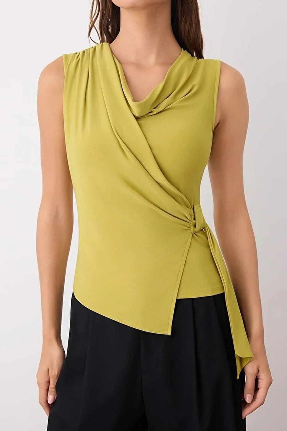 Cowl Neck Knit Blouse with Drape Detail