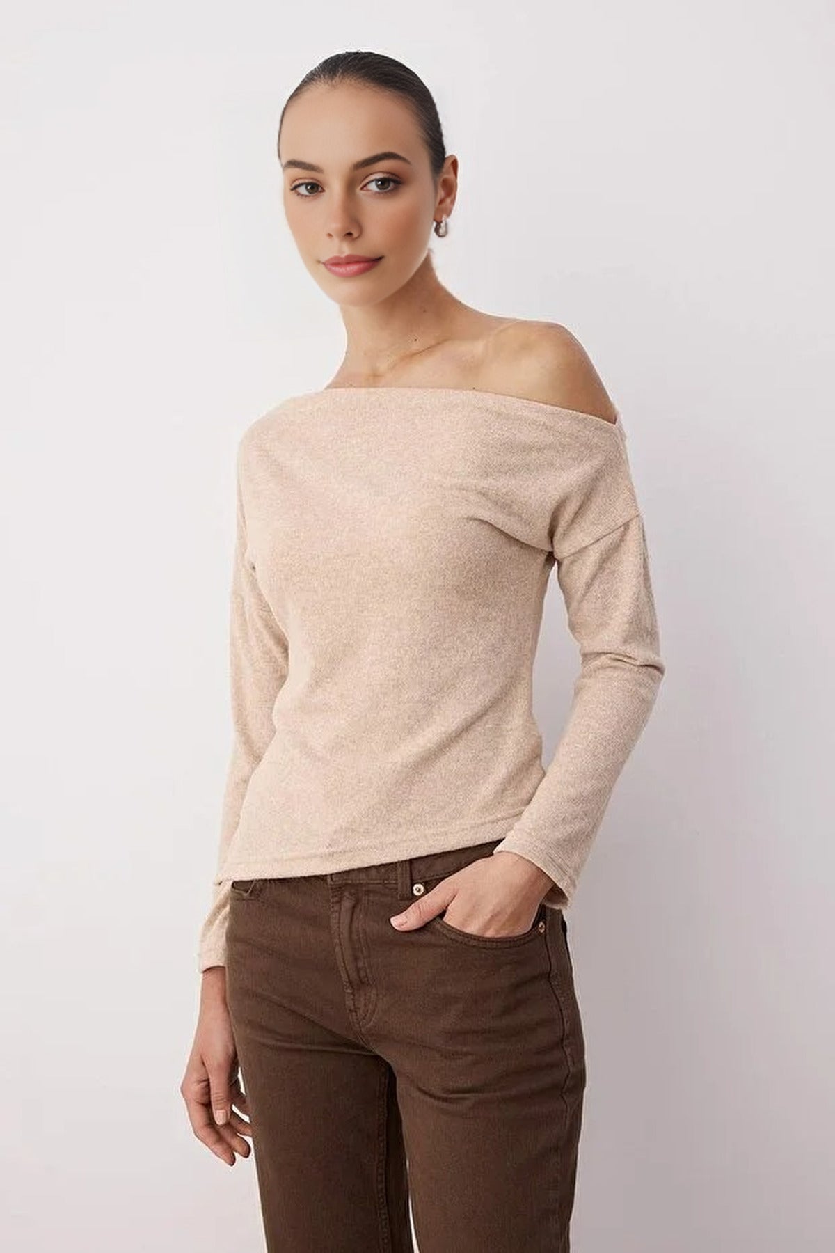 Asymmetrical Collar Soft Knit Blouse