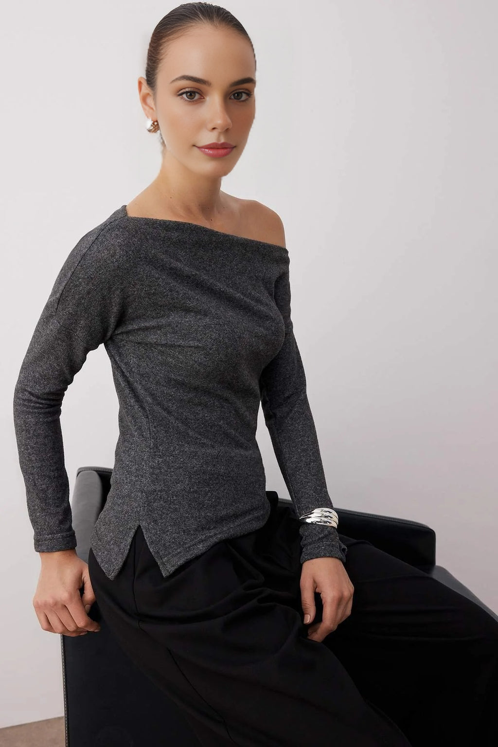 Asymmetrical Collar Soft Knit Blouse