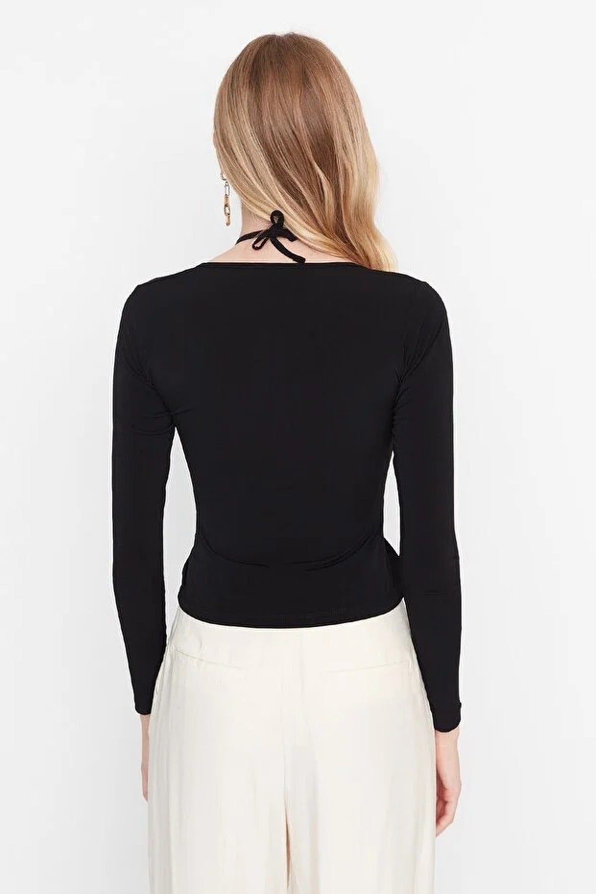 Knit Blouse with Neck Tie Detail