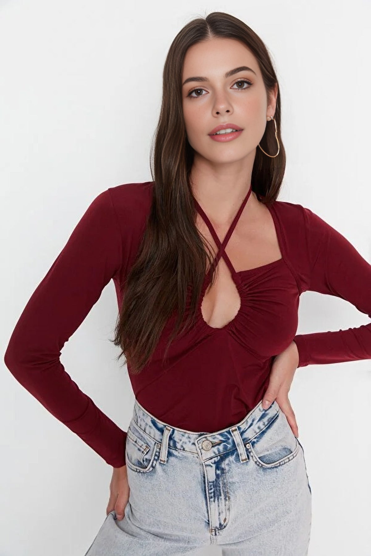 Knit Blouse with Neck Tie Detail