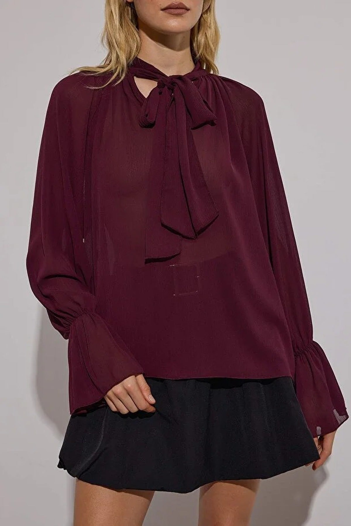 Unlined Woven Party Blouse with Neck Tie Detail