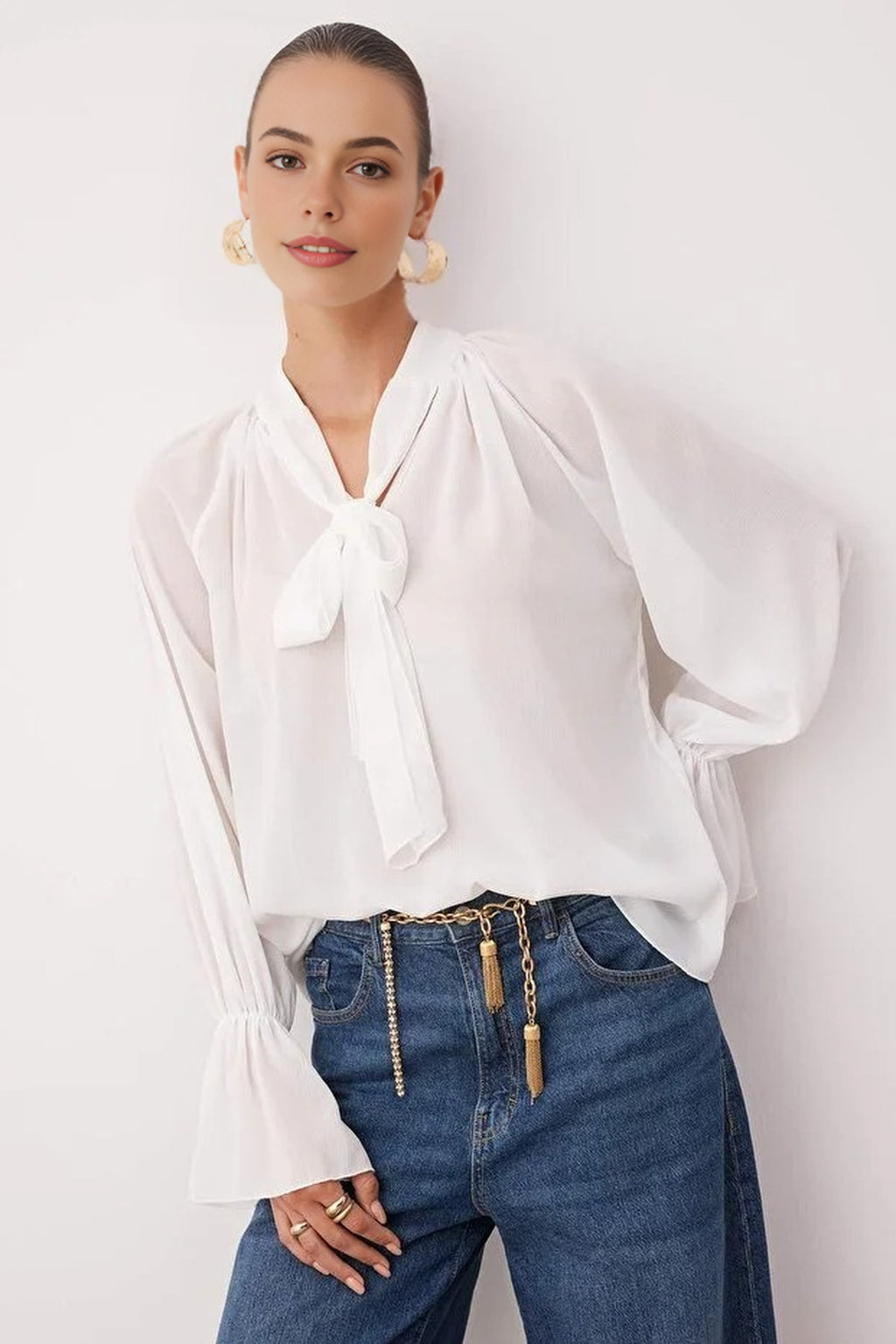 Unlined Woven Party Blouse with Neck Tie Detail