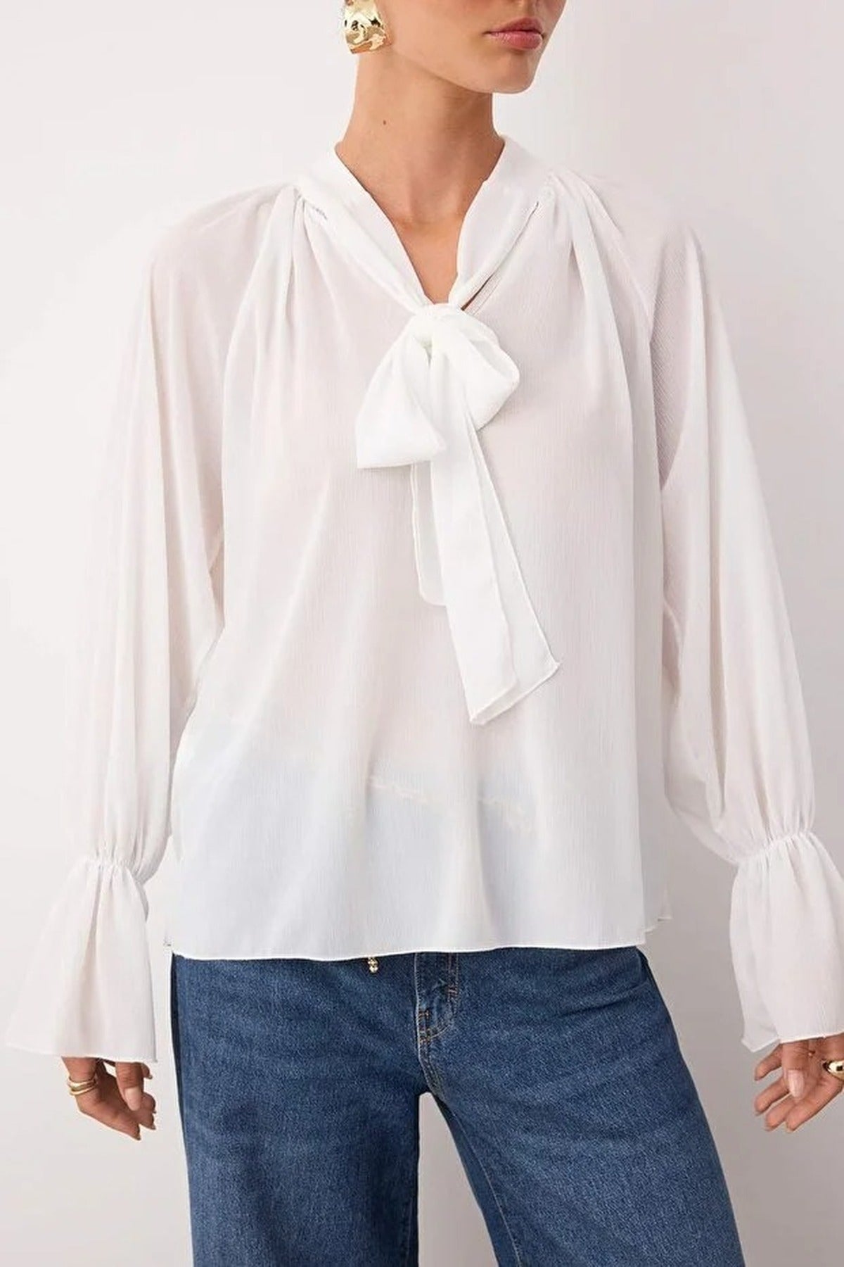 Unlined Woven Party Blouse with Neck Tie Detail
