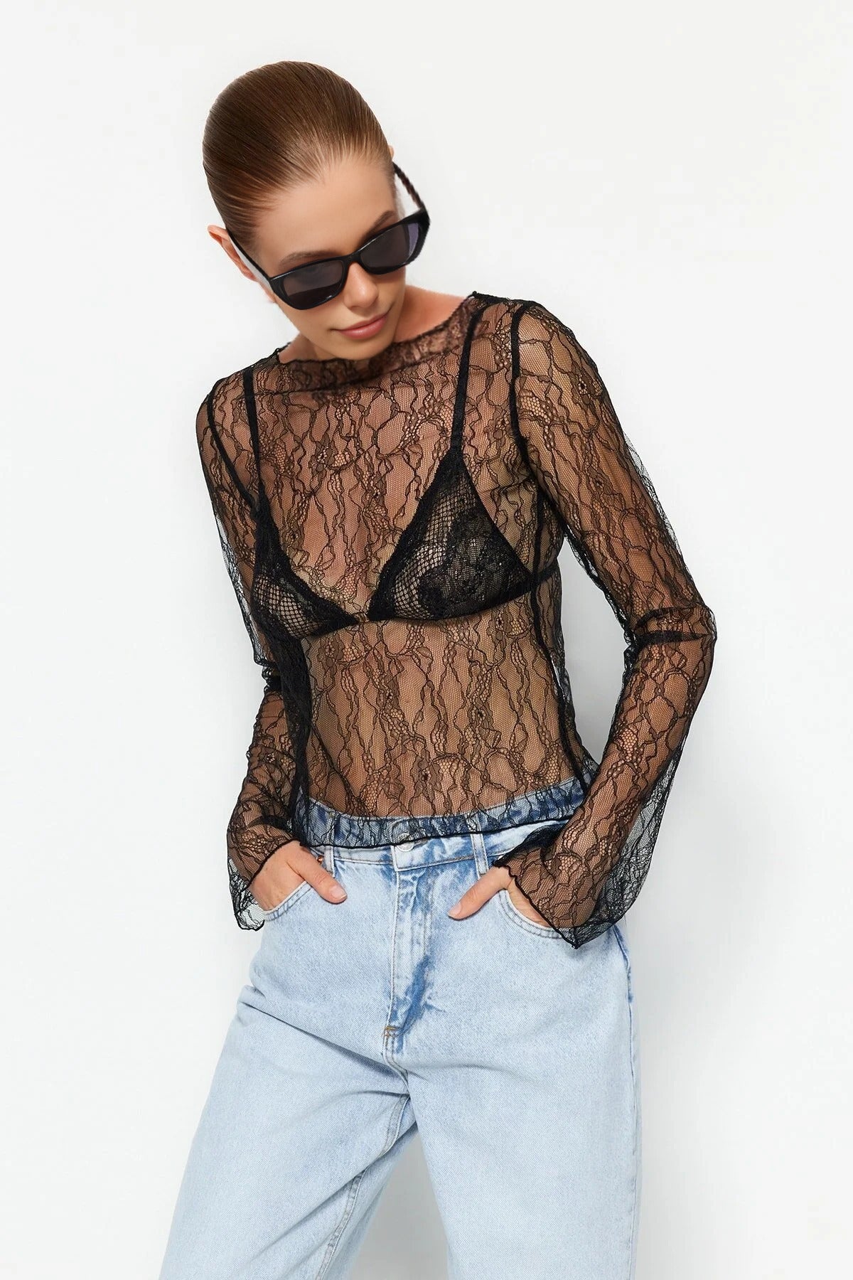 Boat Neck Lace Stretch Knit Blouse