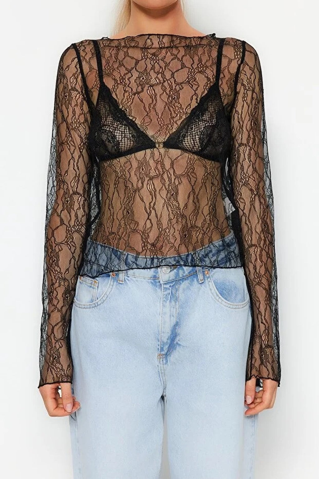 Boat Neck Lace Stretch Knit Blouse