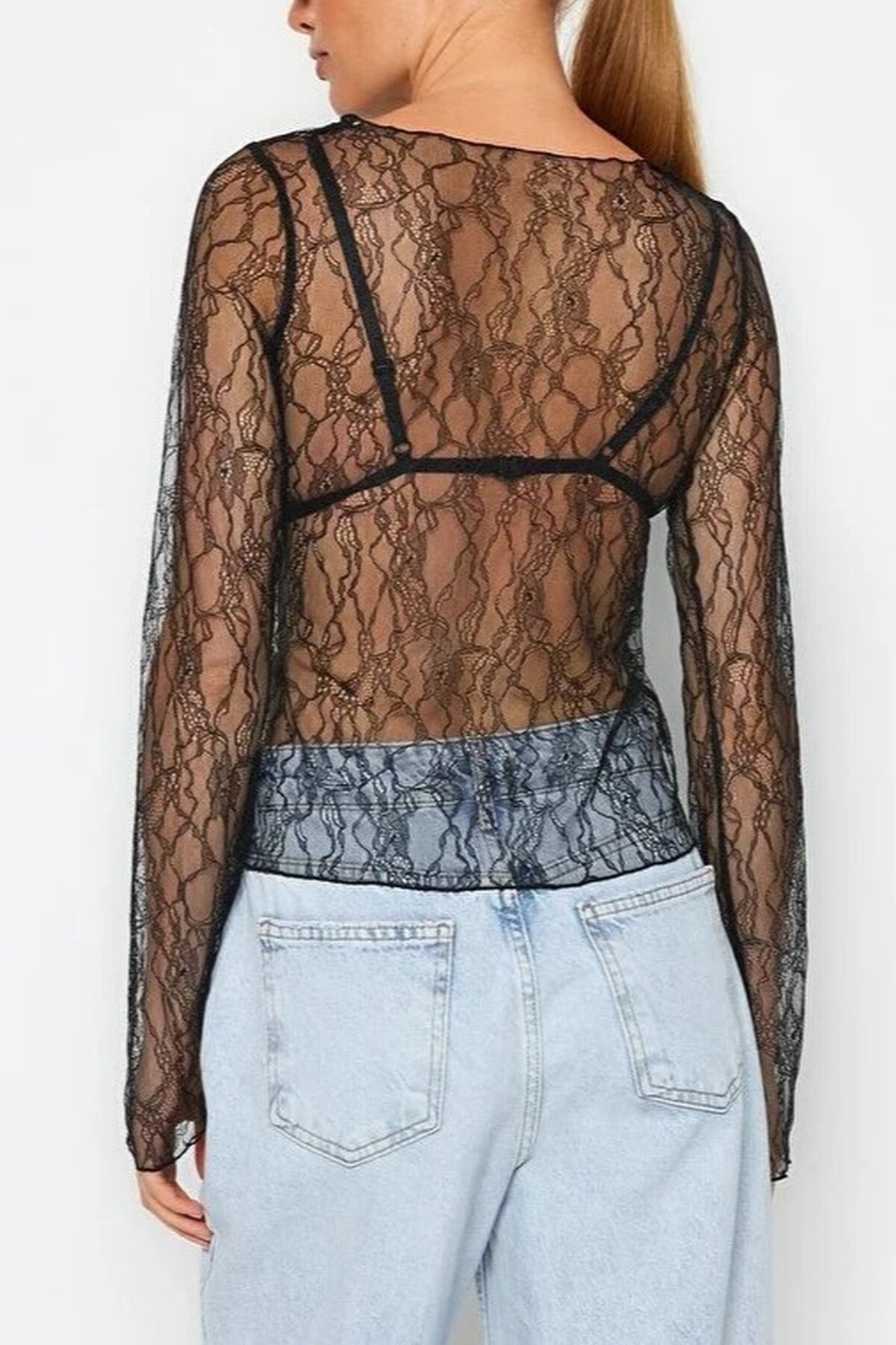 Boat Neck Lace Stretch Knit Blouse