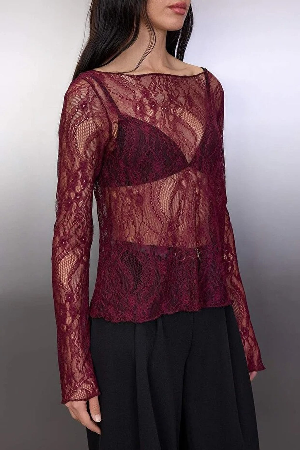 Boat Neck Lace Stretch Knit Blouse