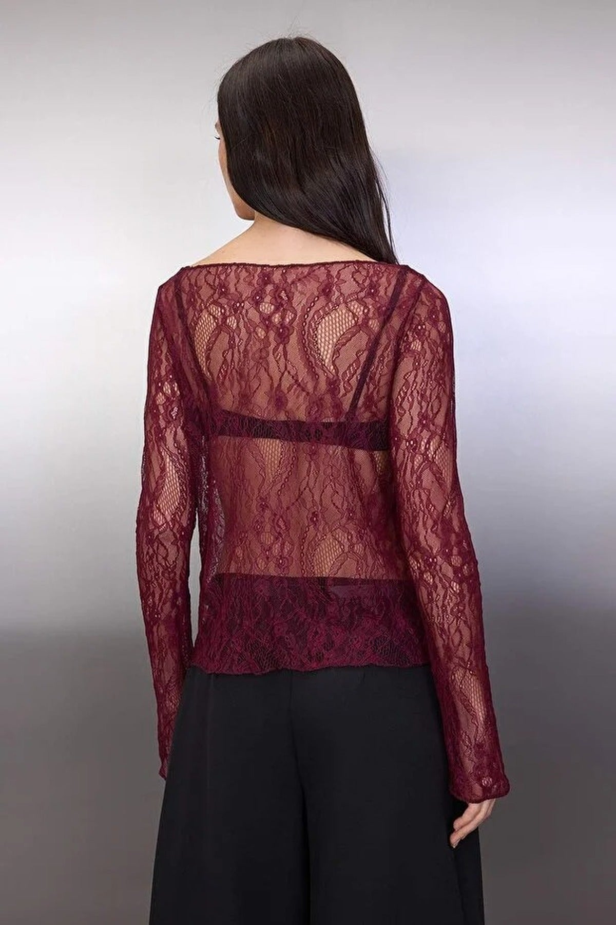 Boat Neck Lace Stretch Knit Blouse