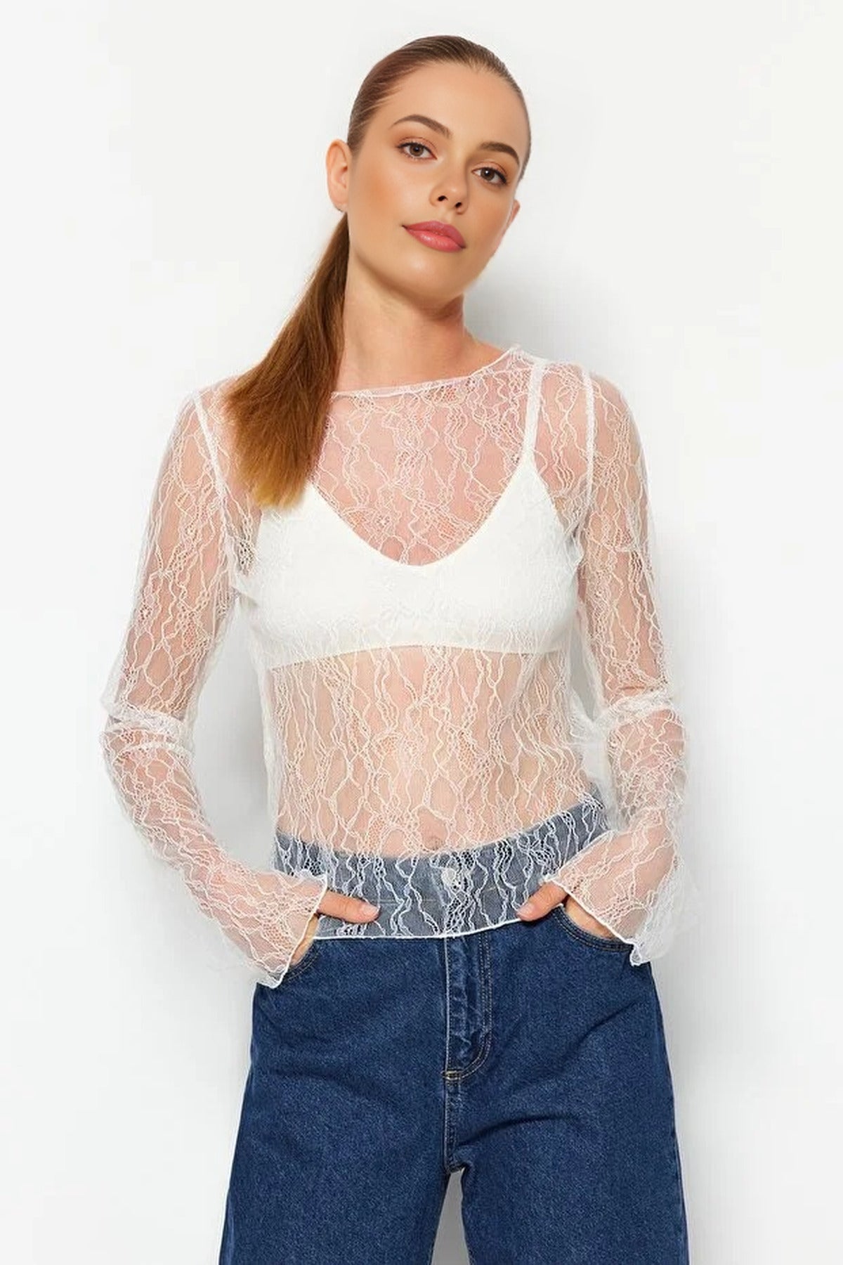 Boat Neck Lace Stretch Knit Blouse