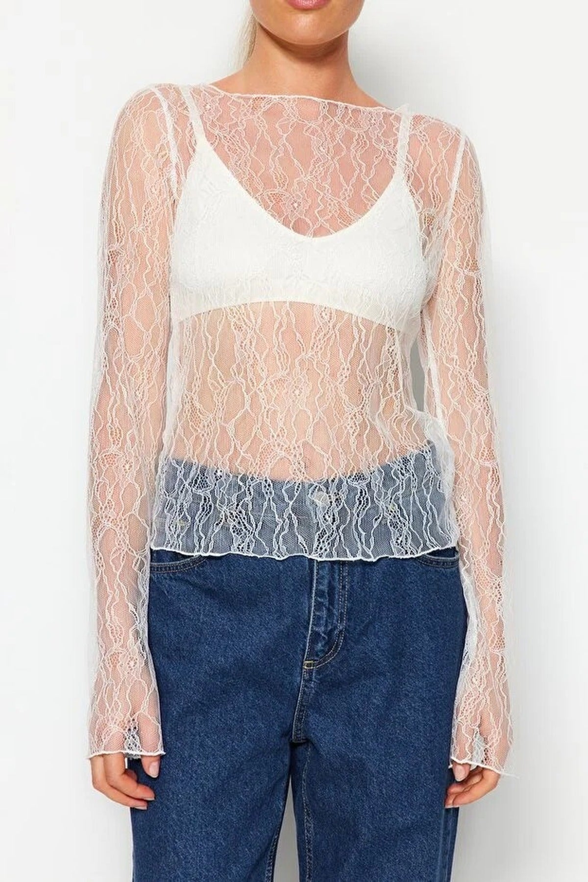 Boat Neck Lace Stretch Knit Blouse