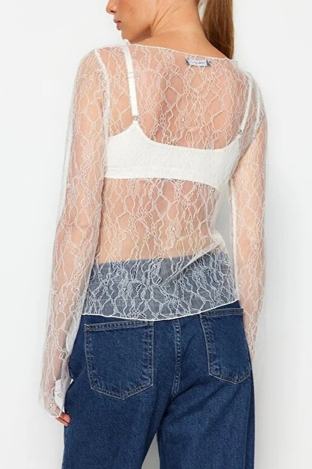 Boat Neck Lace Stretch Knit Blouse