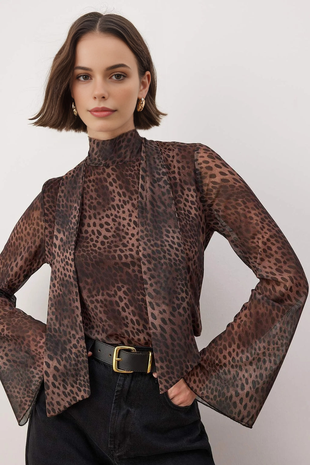 Animal Print Tulle Stretch Knit Blouse
