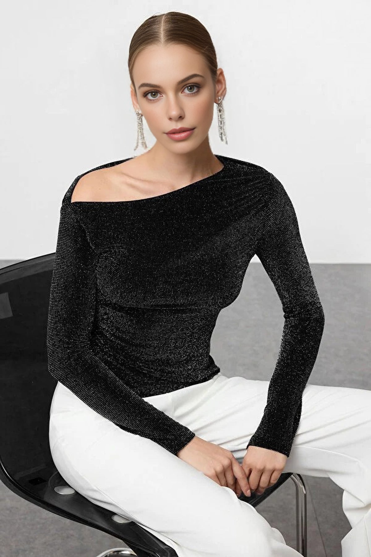 Asymmetrical Collar Glittery Knit Chic Party Blouse