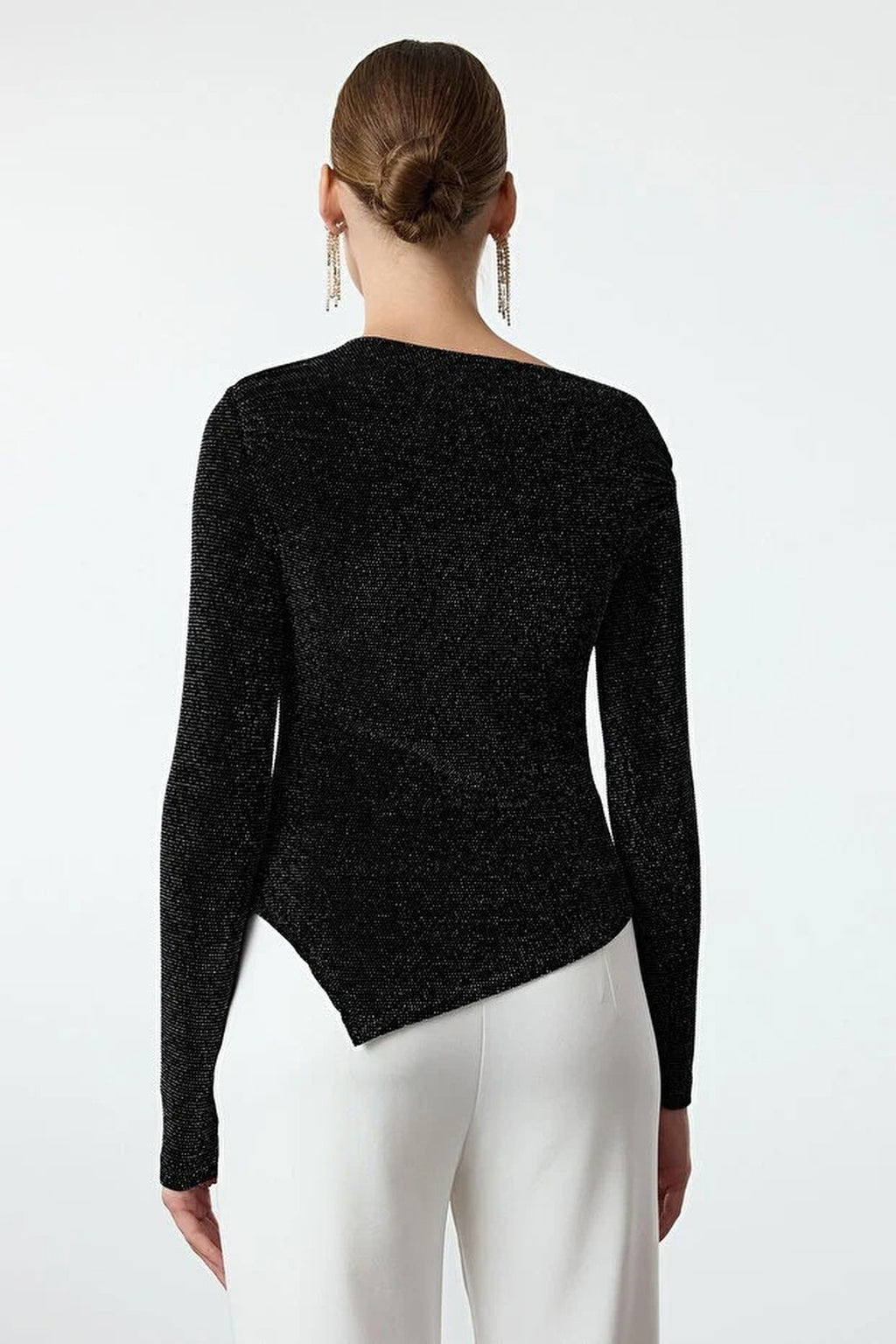 Asymmetrical Collar Glittery Knit Chic Party Blouse