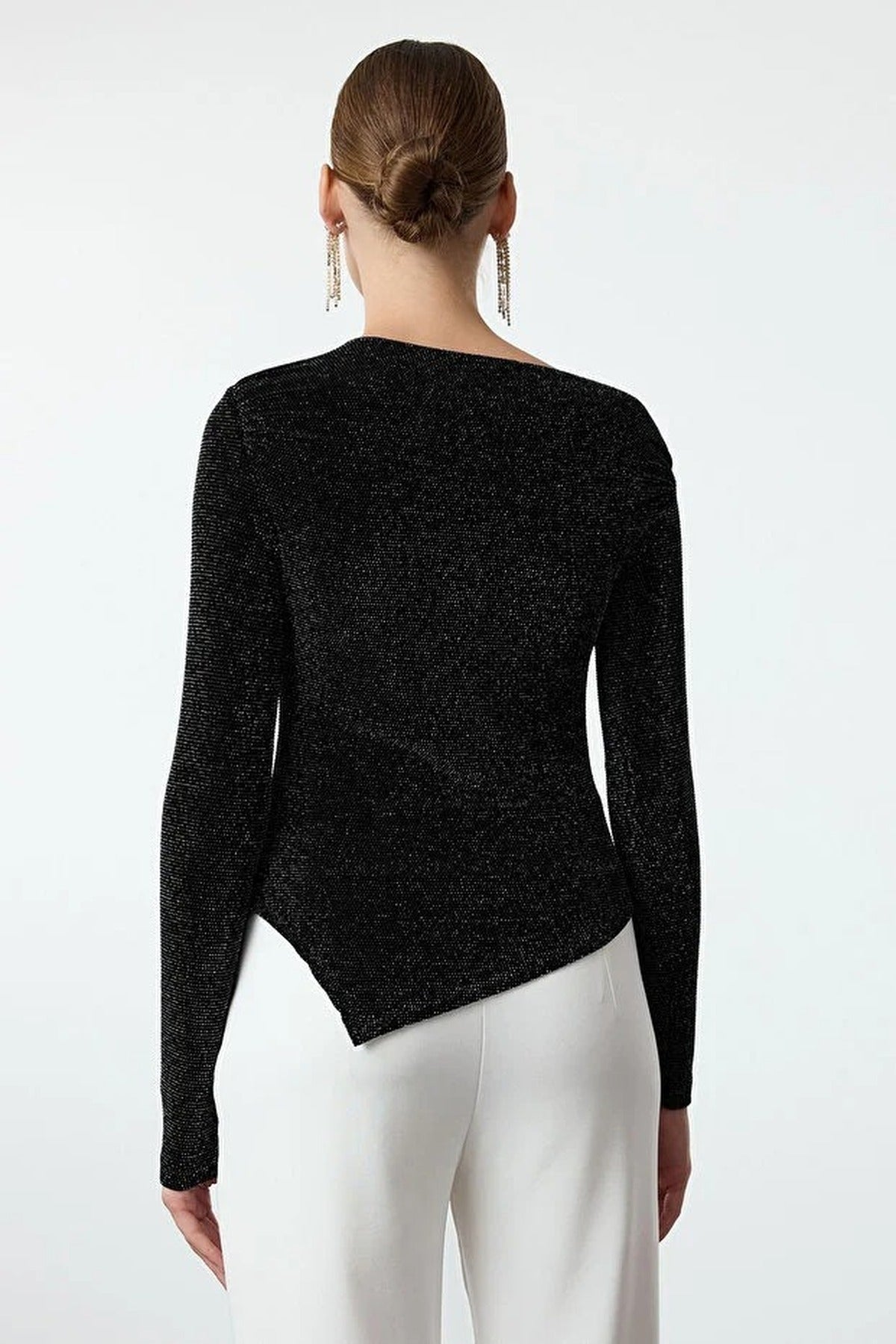Asymmetrical Collar Glittery Knit Chic Party Blouse