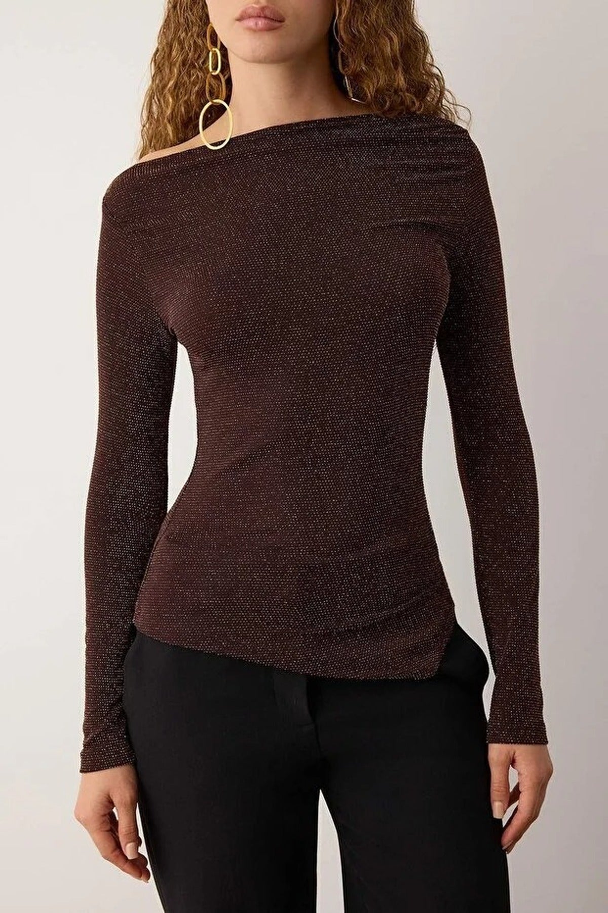 Asymmetrical Collar Glittery Knit Chic Party Blouse