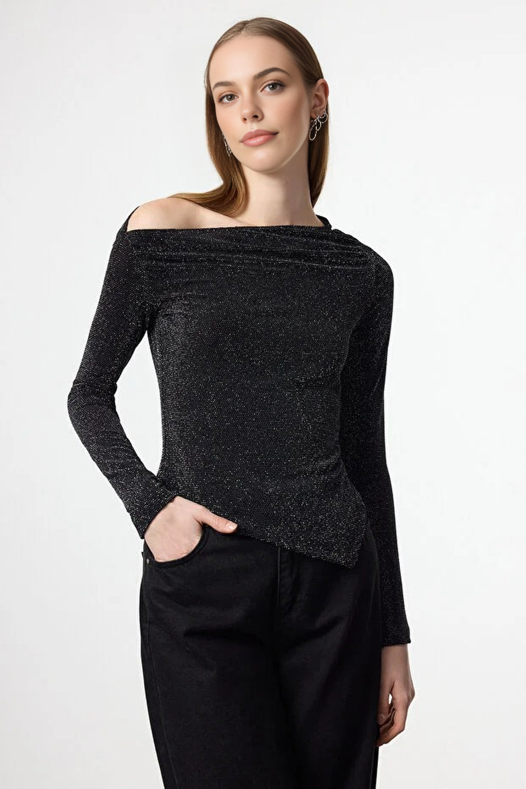 Asymmetrical Collar Glittery Knit Chic Party Blouse