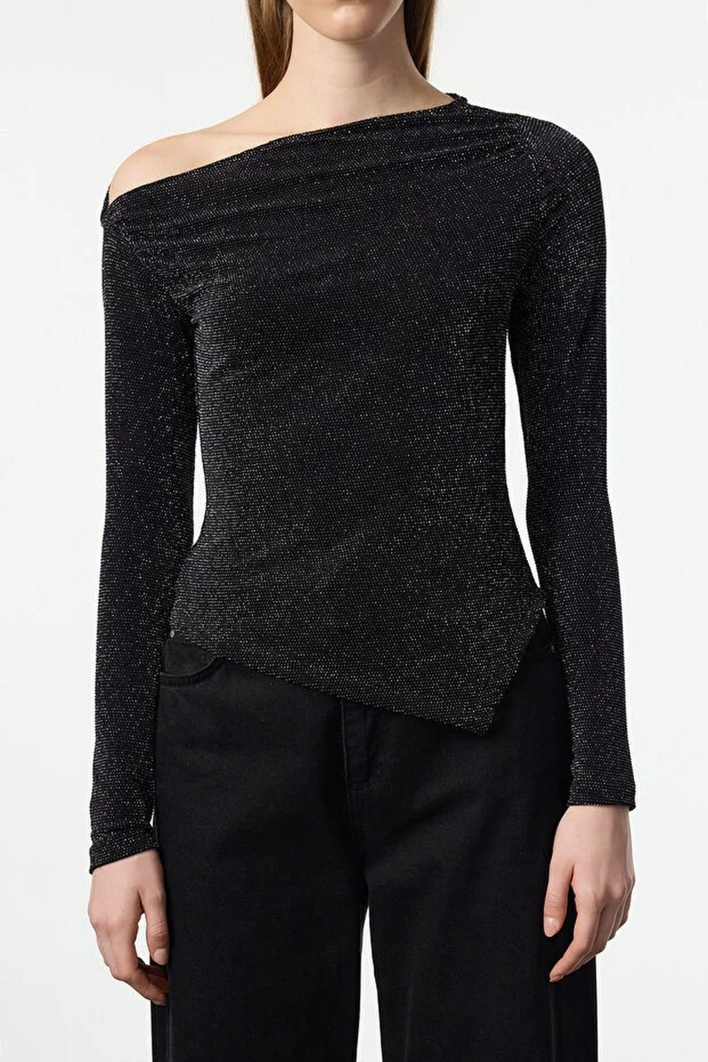 Asymmetrical Collar Glittery Knit Chic Party Blouse
