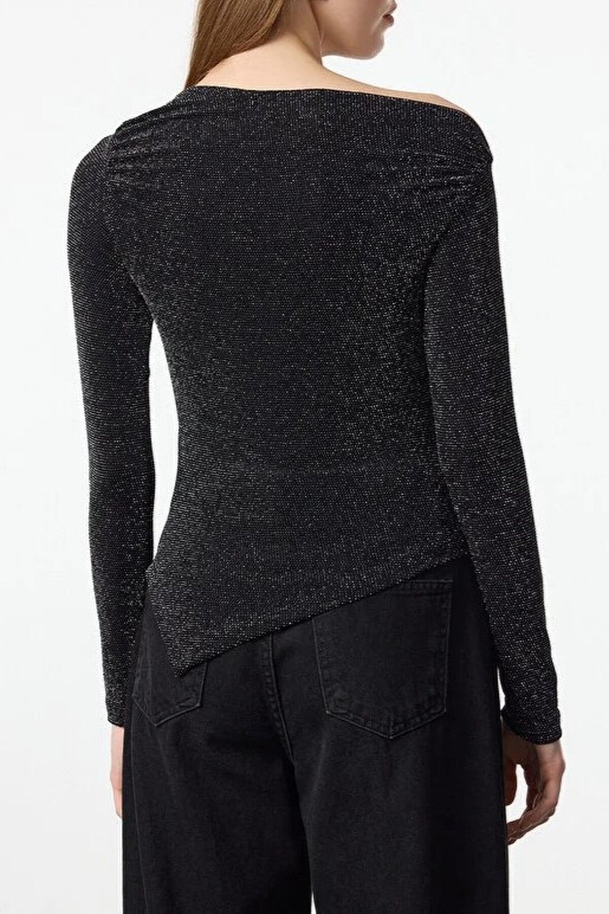 Asymmetrical Collar Glittery Knit Chic Party Blouse