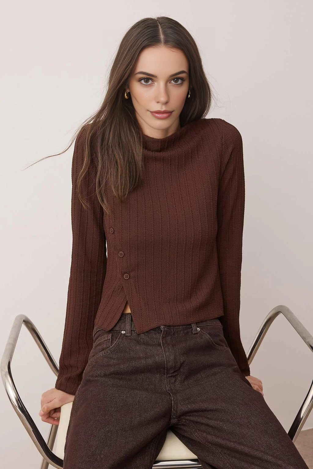 Asymmetrical Flexible Knit Blouse with Button Detail