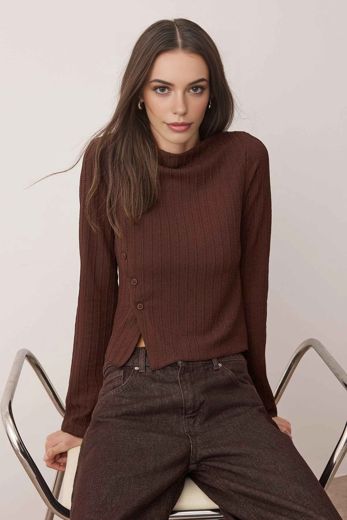 Asymmetrical Flexible Knit Blouse with Button Detail