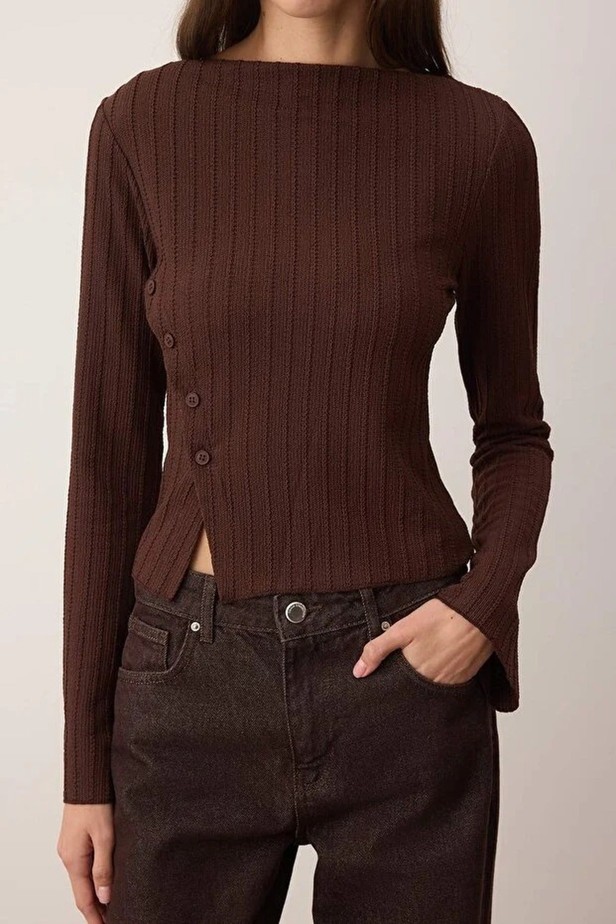 Asymmetrical Flexible Knit Blouse with Button Detail