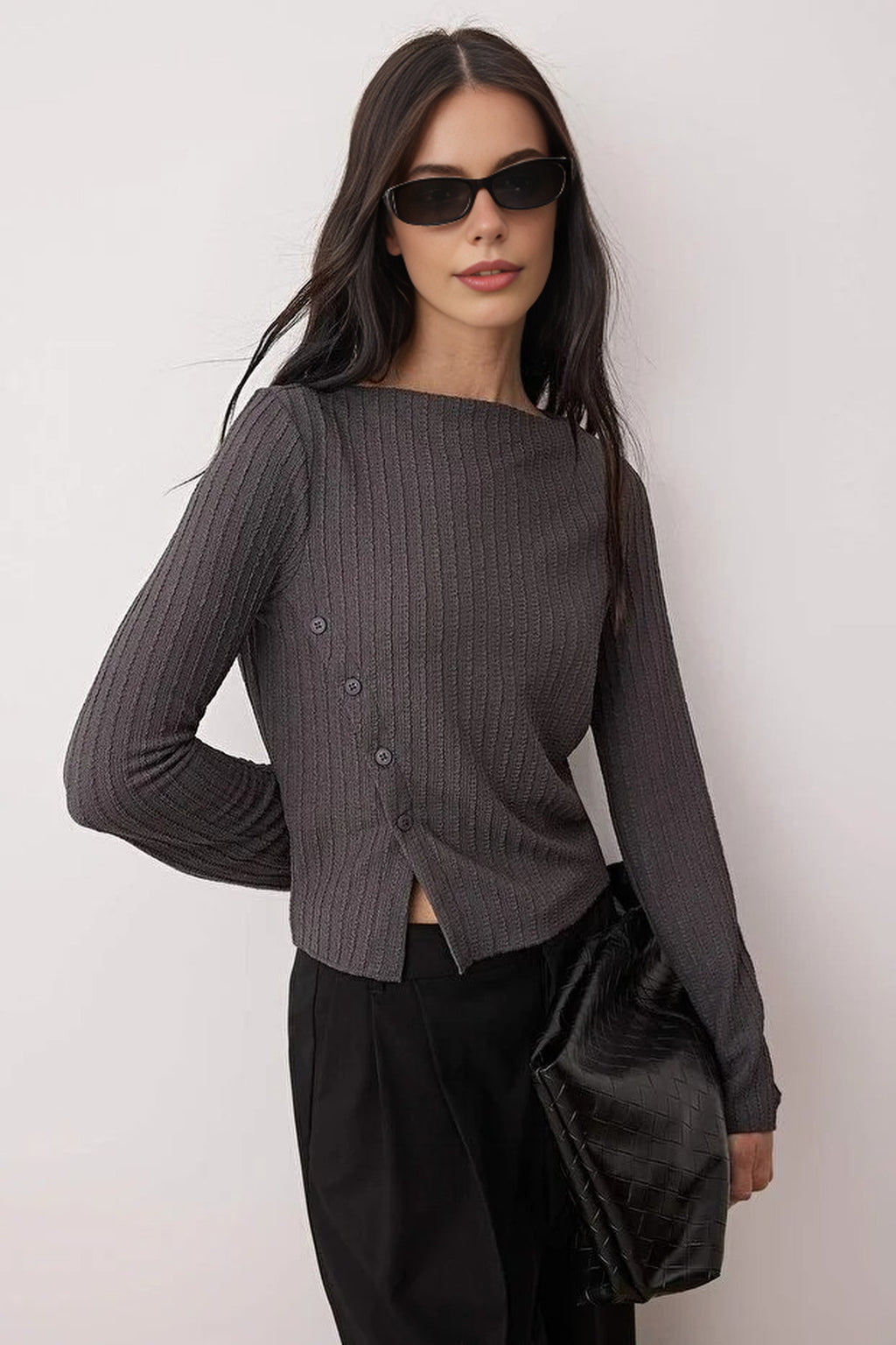 Asymmetrical Flexible Knit Blouse with Button Detail