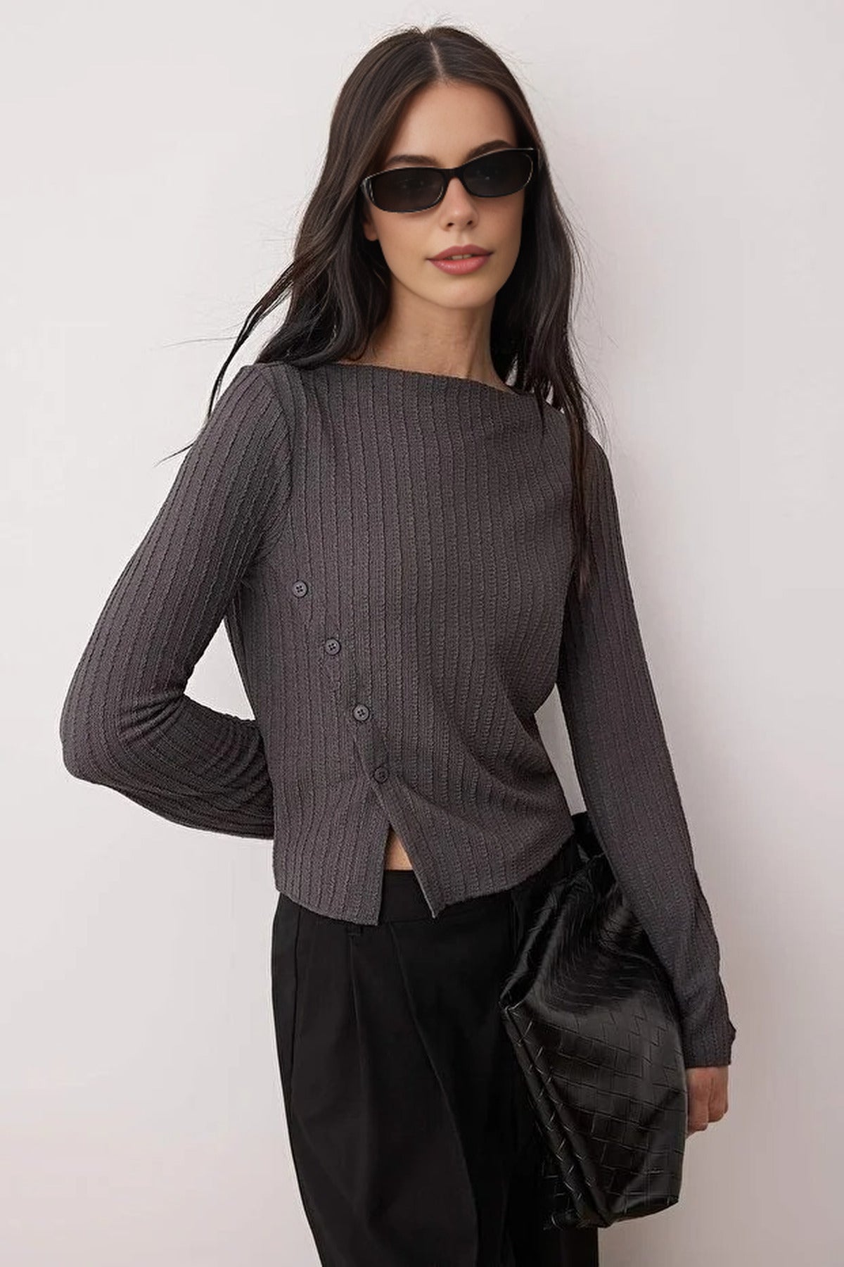 Asymmetrical Flexible Knit Blouse with Button Detail