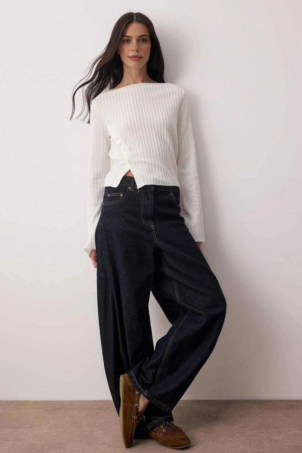 Asymmetrical Flexible Knit Blouse with Button Detail