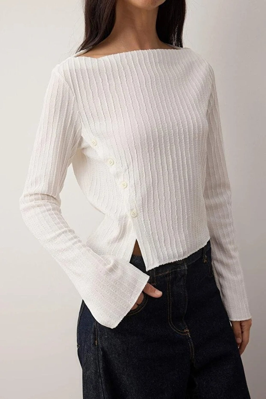 Asymmetrical Flexible Knit Blouse with Button Detail