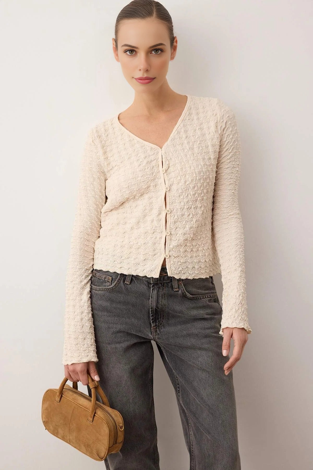 Textured Long Sleeve Stretchy Knit Blouse with Button Detail