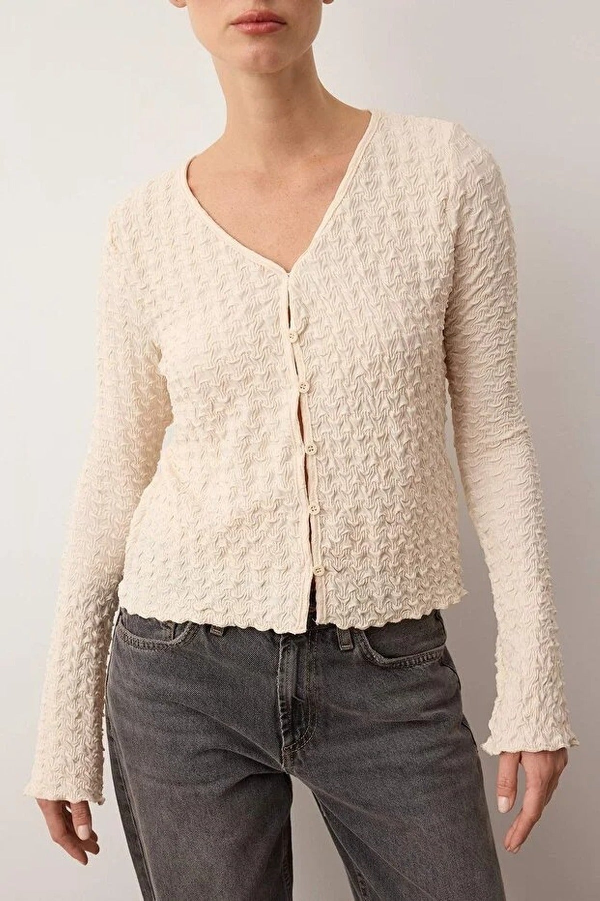 Textured Long Sleeve Stretchy Knit Blouse with Button Detail