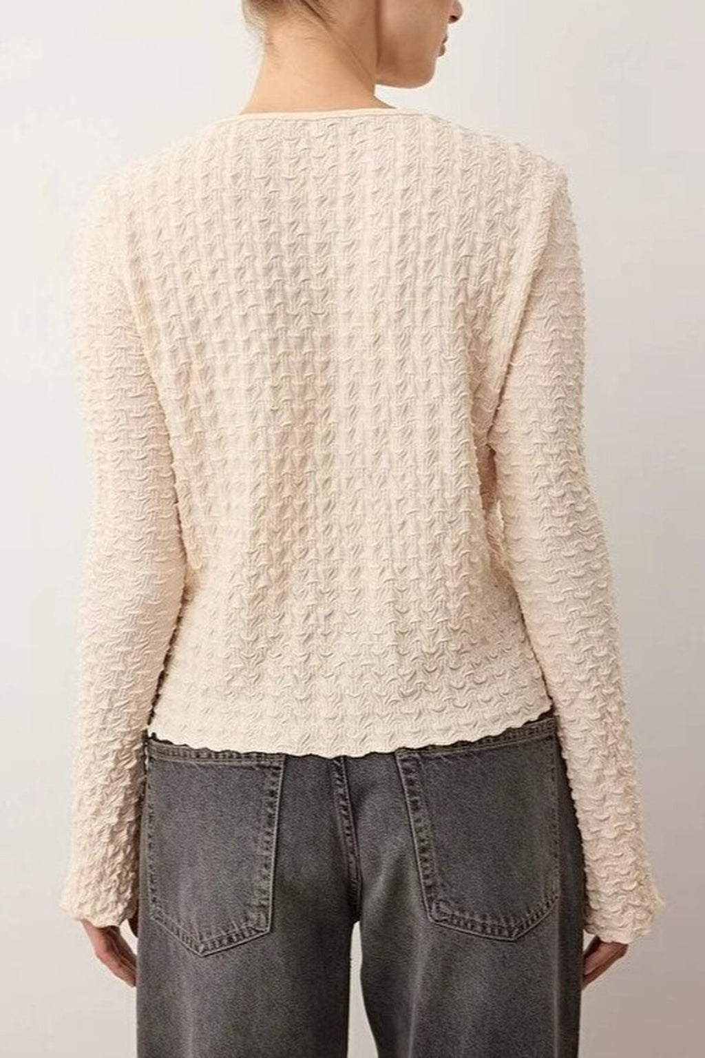 Textured Long Sleeve Stretchy Knit Blouse with Button Detail