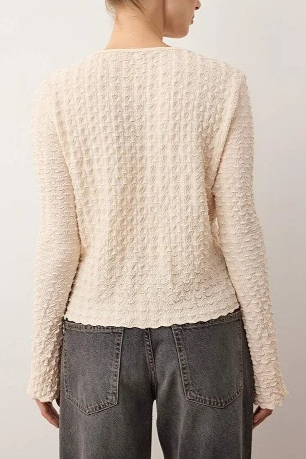 Textured Long Sleeve Stretchy Knit Blouse with Button Detail