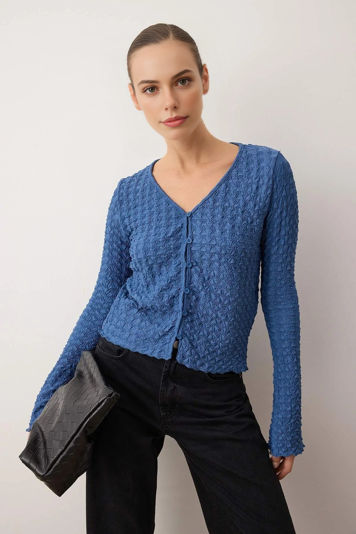 Textured Long Sleeve Stretchy Knit Blouse with Button Detail