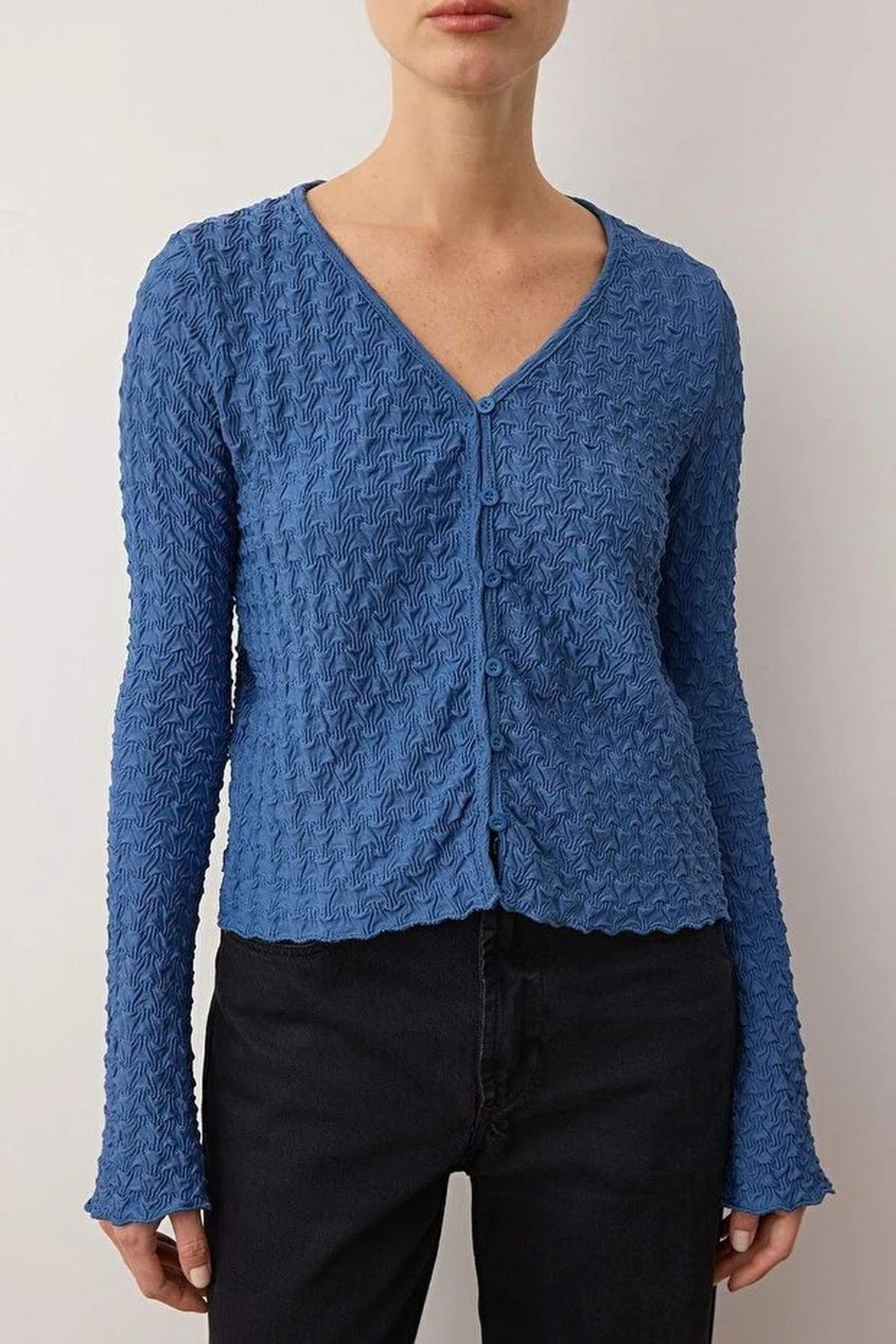 Textured Long Sleeve Stretchy Knit Blouse with Button Detail