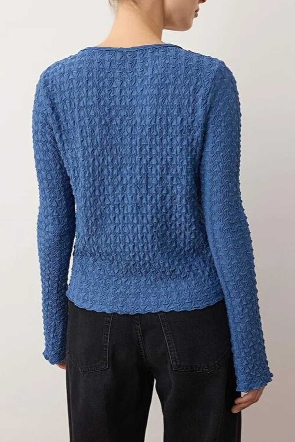 Textured Long Sleeve Stretchy Knit Blouse with Button Detail