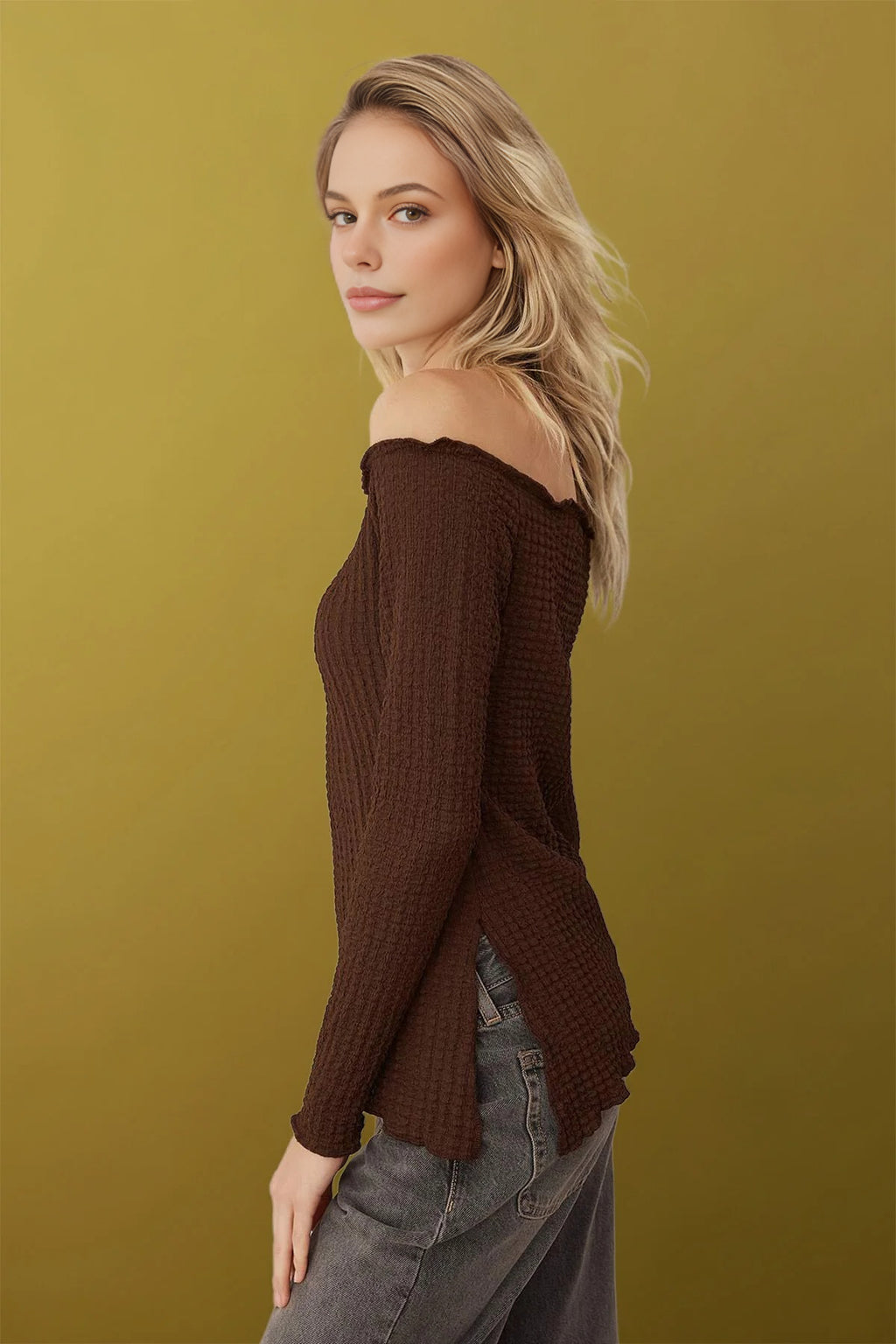 Carmen Collar Textured Asymmetrical Knit Blouse