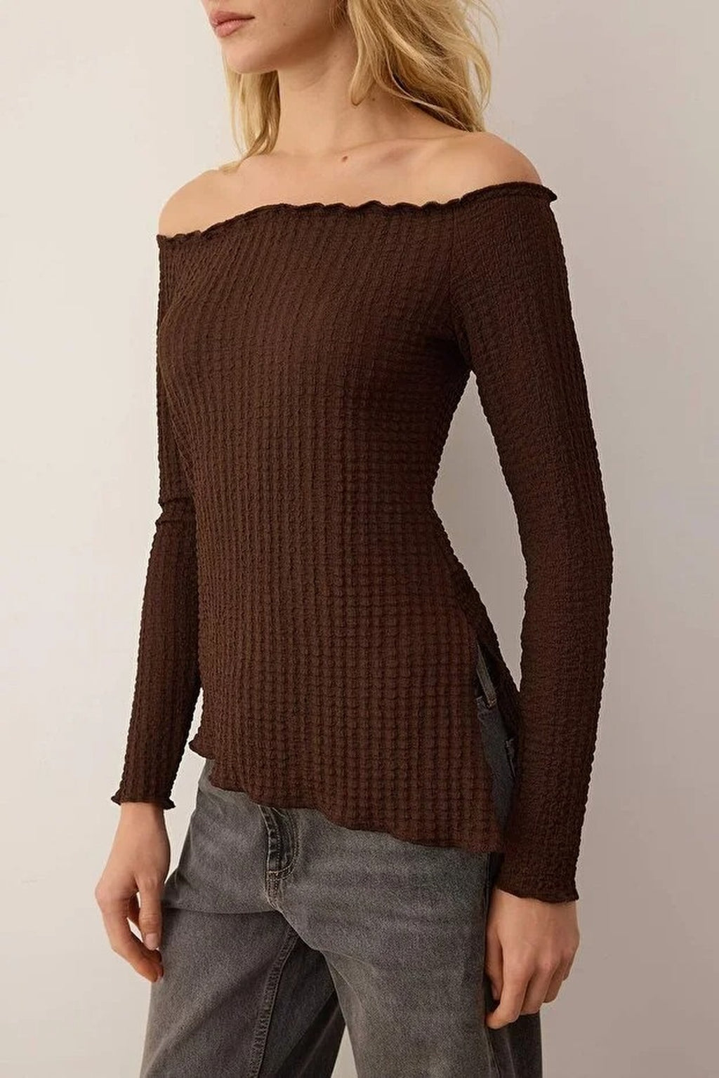 Carmen Collar Textured Asymmetrical Knit Blouse
