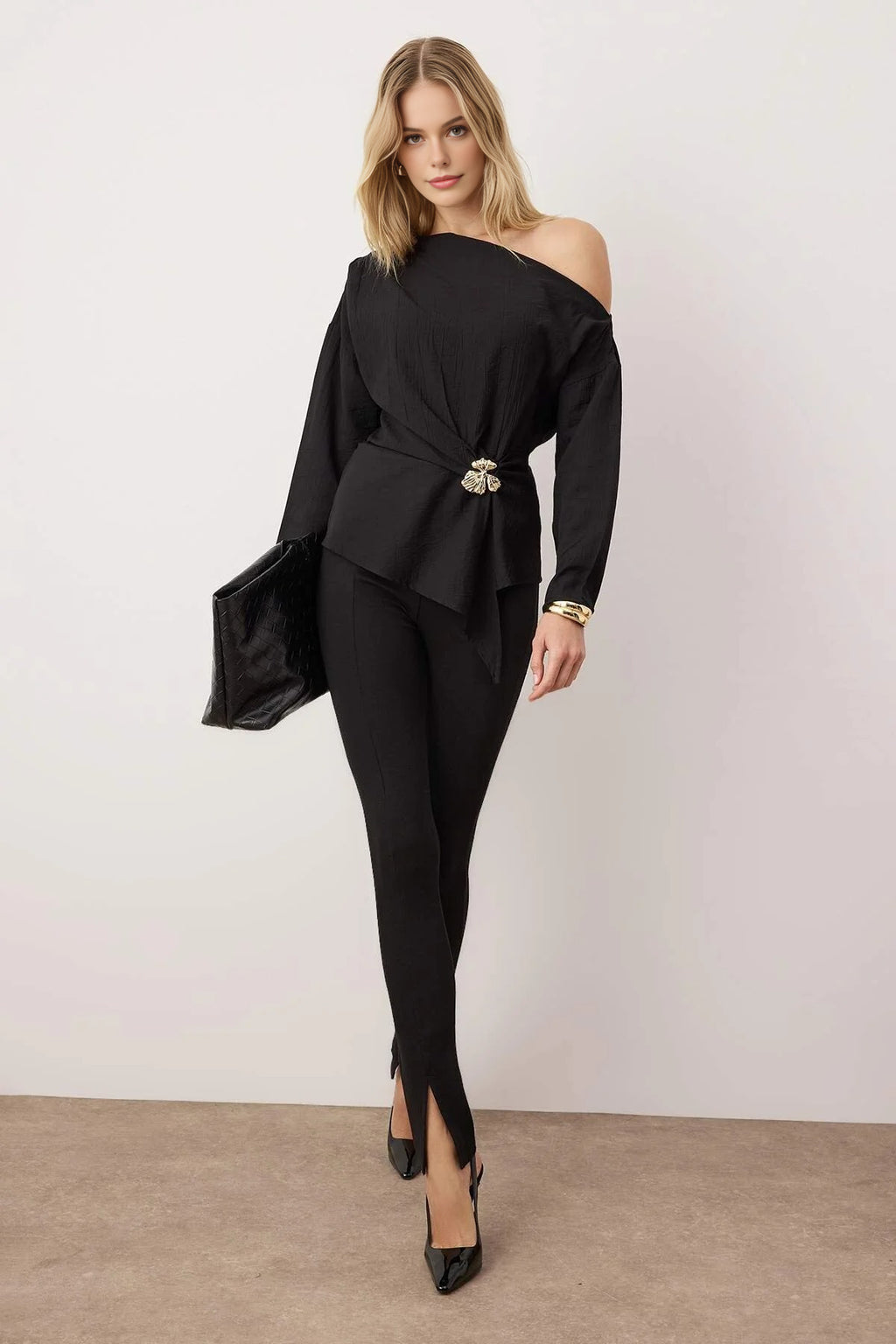 Off-Shoulder Woven Blouse with Accessory Detail