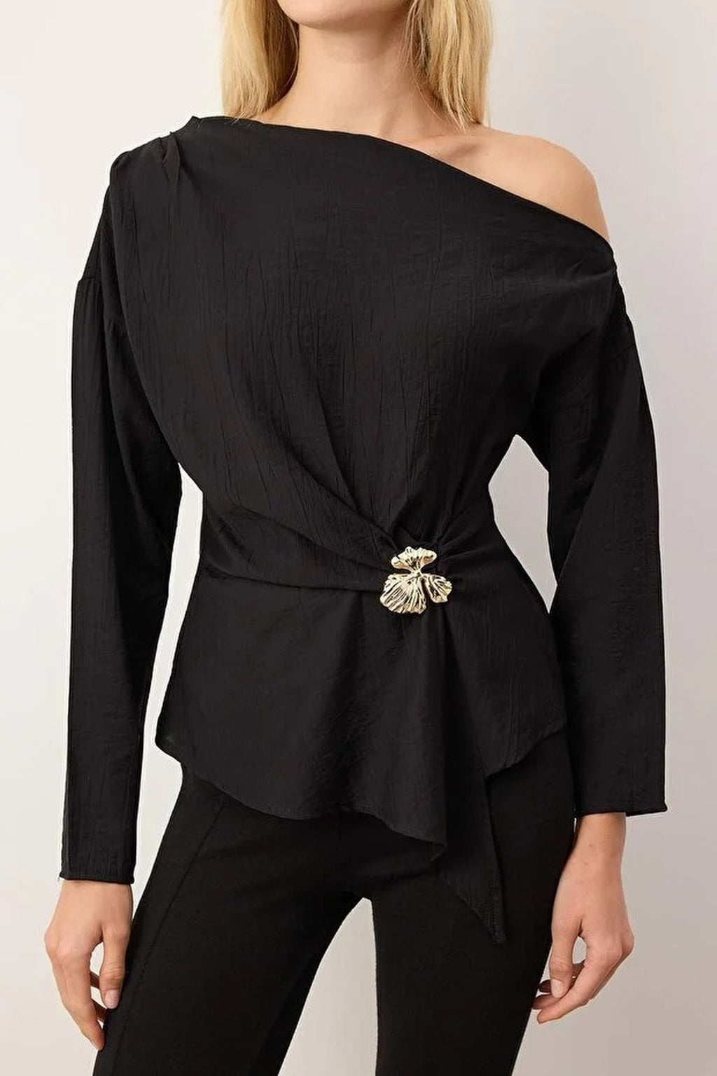 Off-Shoulder Woven Blouse with Accessory Detail