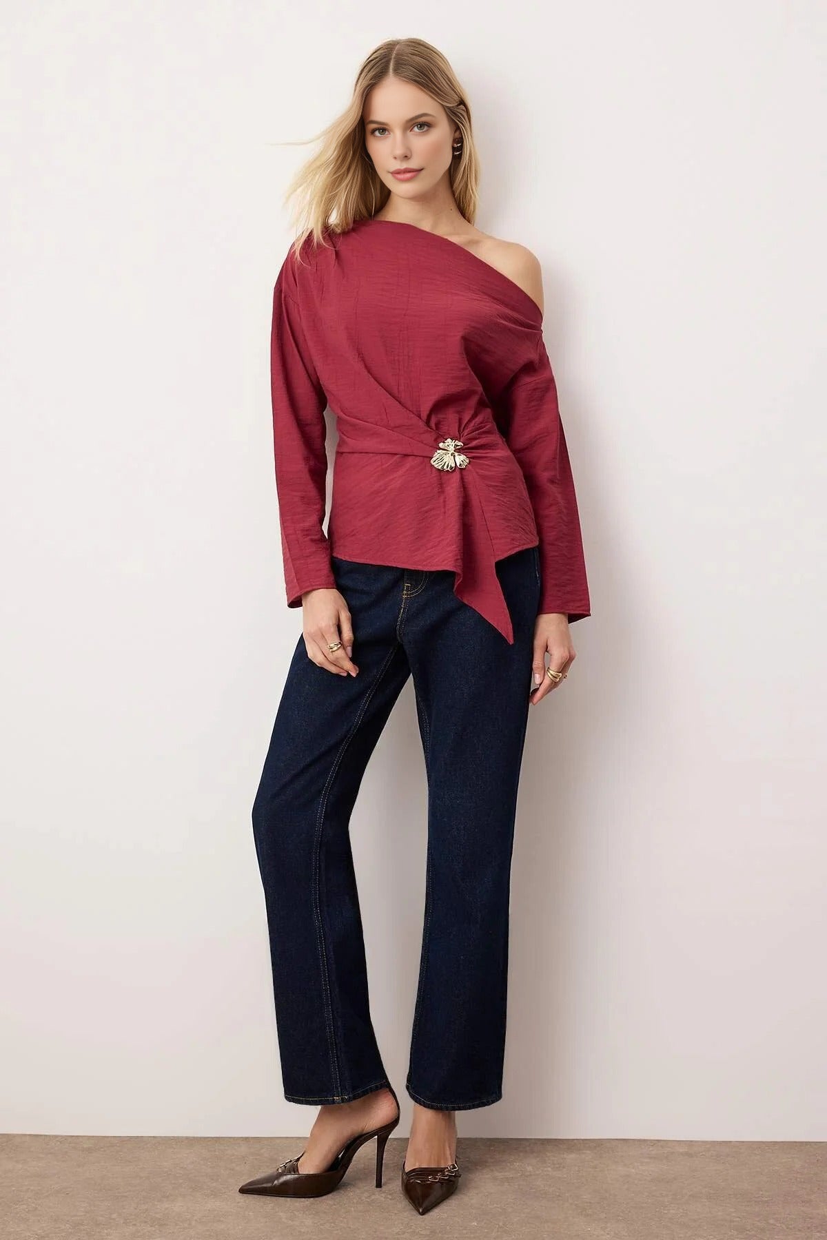 Off-Shoulder Woven Blouse with Accessory Detail