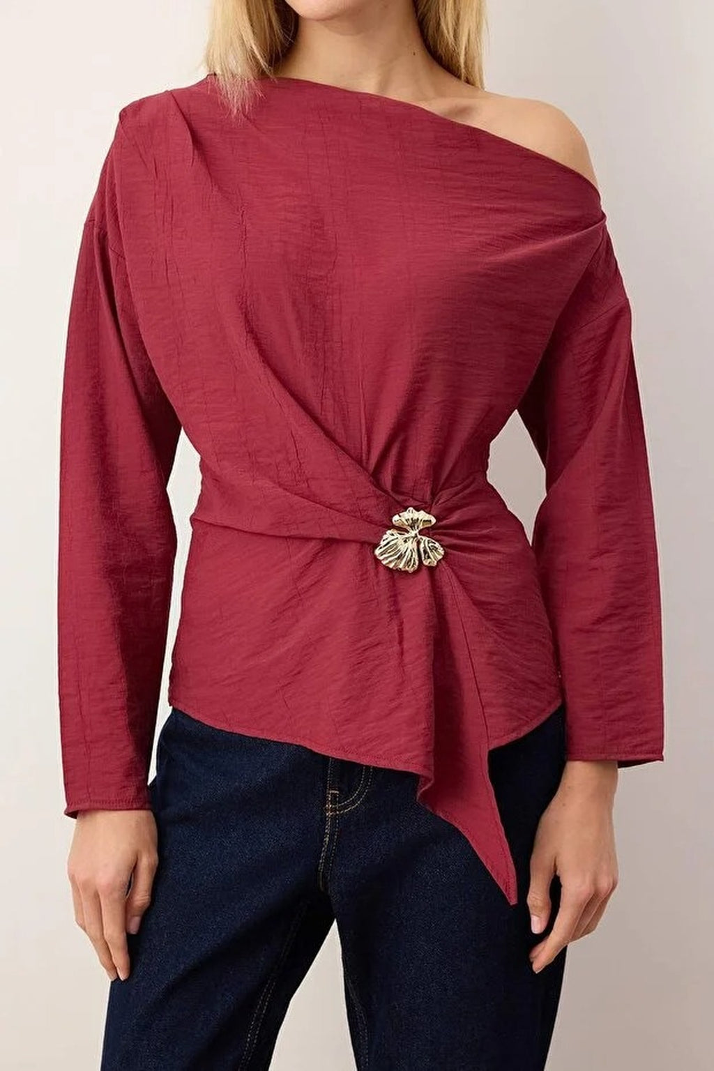 Off-Shoulder Woven Blouse with Accessory Detail