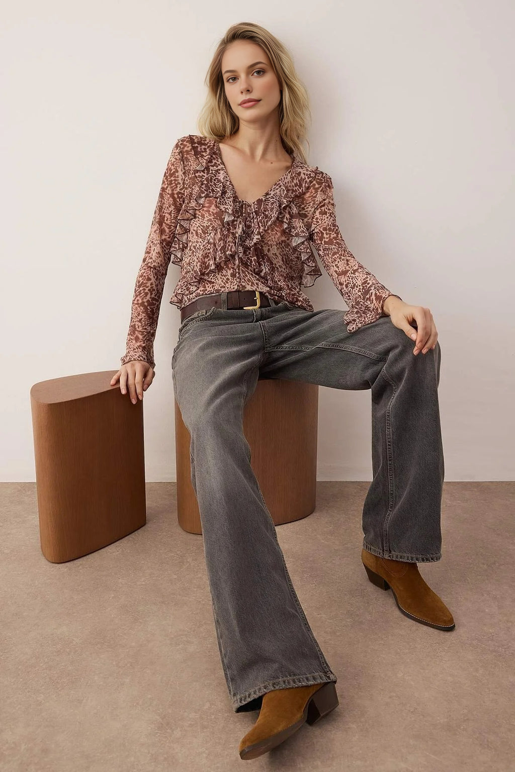 Animal Print Tulle Knit Blouse with Ruffled Tie Detail